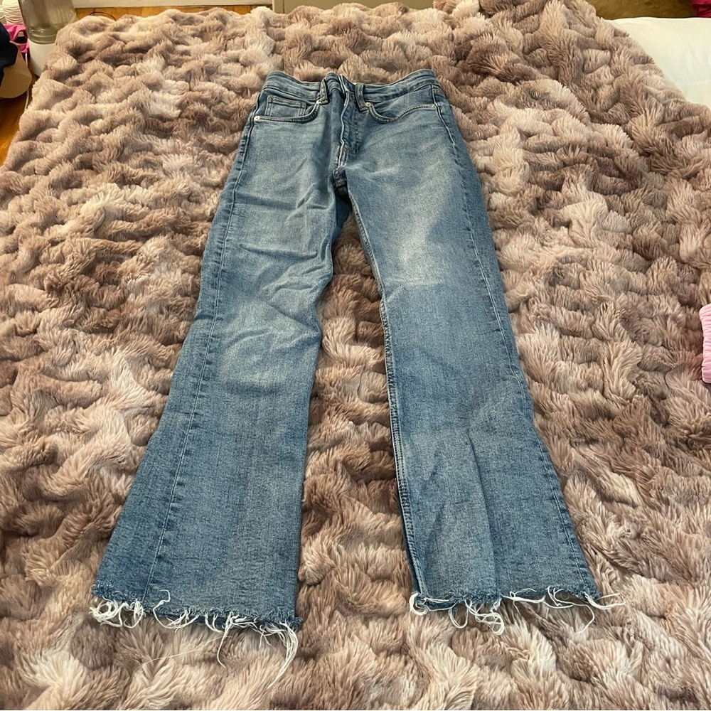 Zara Light Blue Distressed Hem Flared Jeans